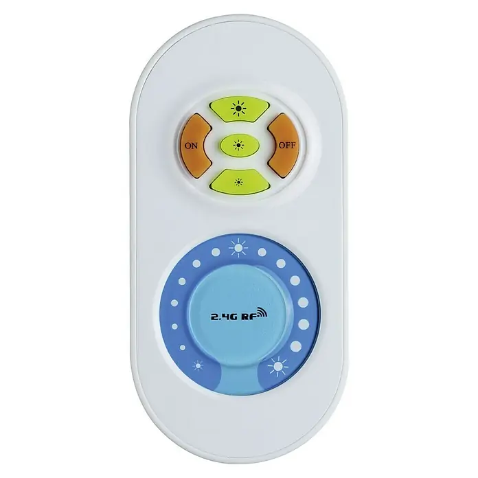 Paulmann MaxLED Controlador de intensidad - Plástico - Primer plano de un mando a distancia blanco con botones de colores para controlar las funciones de iluminación.