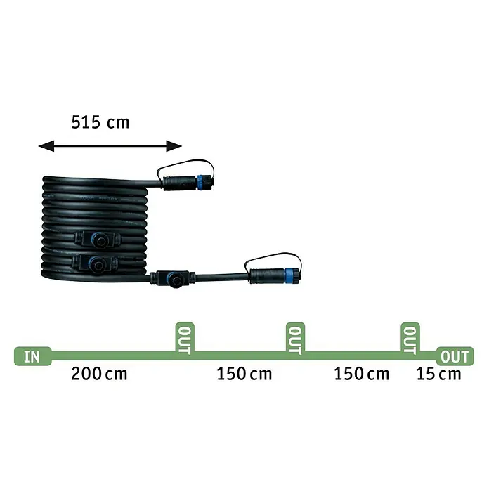 Paulmann Plug & Shine Basis-Set LED-Gartenstrahler Pike - 3,5 W, 230 V, IP65, Höhe: 31 cm, 3 Stk. - Ein schwarzes Verlängerungskabel mit mehreren Ausgängen und einer Gesamtlänge von 515 cm, ideal für den Außenbereich.