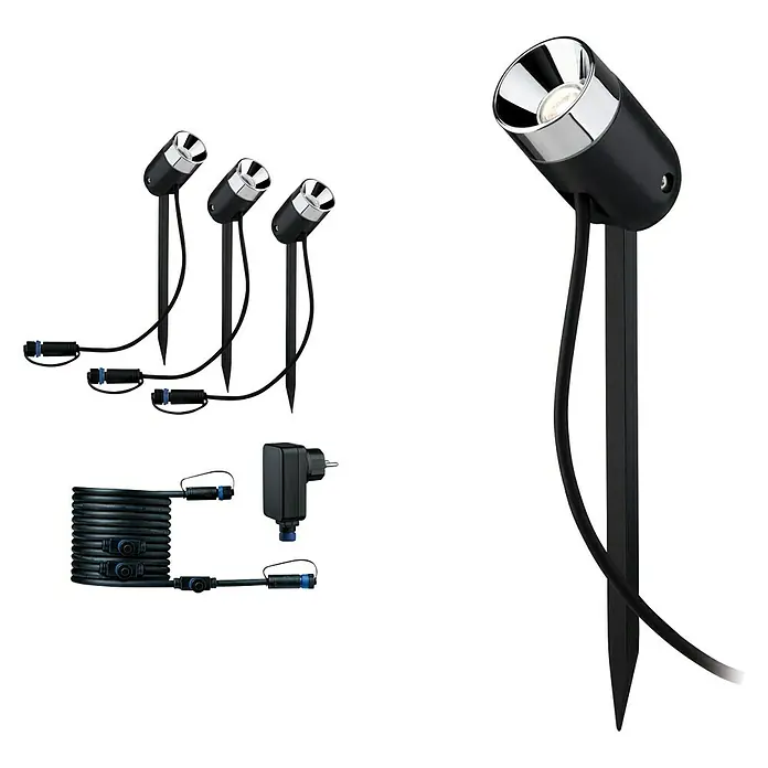 Paulmann Plug & Shine Set básico de estacas - 3,5 W, 230 V, IP65, Altura: 31 cm, 3 ud. - Imagen de un conjunto de focos LED para jardín con estaca de tierra, compuesto por cuatro focos, cable y alimentación. Ideal para iluminación de jardín.