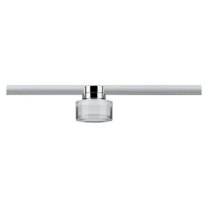 Paulmann URail LED-Spot Topa - 5,2 W, Chrom matt/Transparent/Satin, L x B x H: 73 x 80 x 80 mm - Nahaufnahme eines luxuriösen Kosmetikprodukts mit silbernem Verschluss und durchsichtigem Behälter, präsentiert auf einem eleganten, glänzenden Stab.