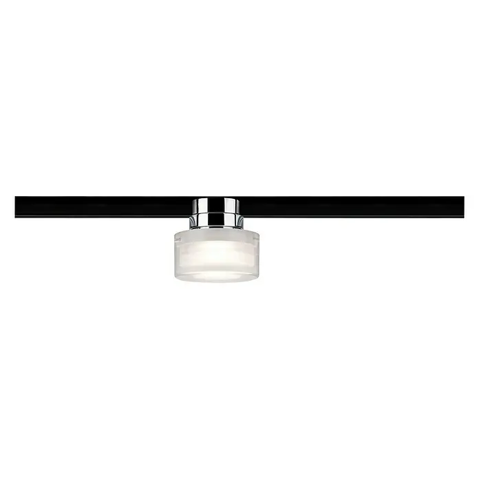 Paulmann URail LED-Spot Topa - 5,2 W, Chrom matt/Transparent/Satin, L x B x H: 73 x 80 x 80 mm - Nahaufnahme einer modernen, runden LED-Trackleuchte mit Chrom-Akzenten vor einem schwarzen Hintergrund.