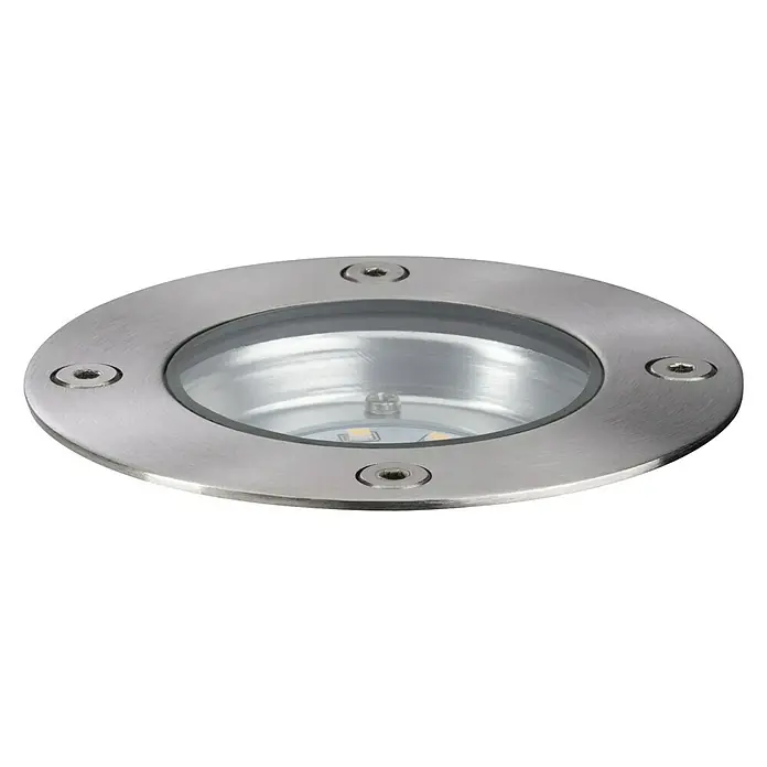 Paulmann Plug & Shine Bodeneinbauleuchte - 3,6 W, Warmweiß, IP65, Rund - Nahaufnahme einer runden, eingelassenen LED-Bodenleuchte mit Edelstahloberfläche und klarem Glas, ideal für Außenbereiche.