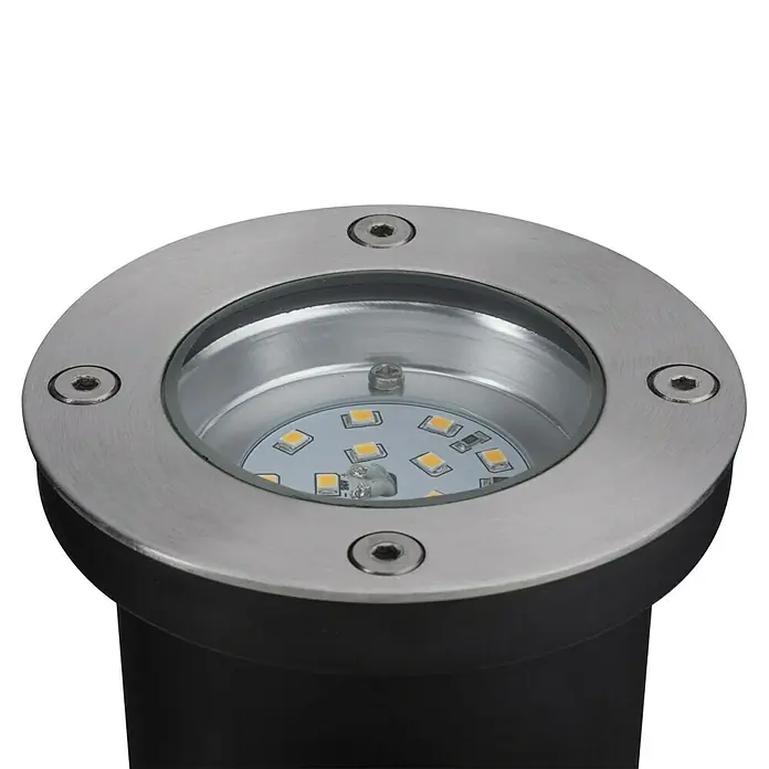 Paulmann Plug & Shine Bodeneinbauleuchte - 3,6 W, Warmweiß, IP65, Rund - Nahaufnahme einer runden Bodeneinbauleuchte mit LED-Lichtern und Edelstahloberfläche, ideal für die Außenbeleuchtung.