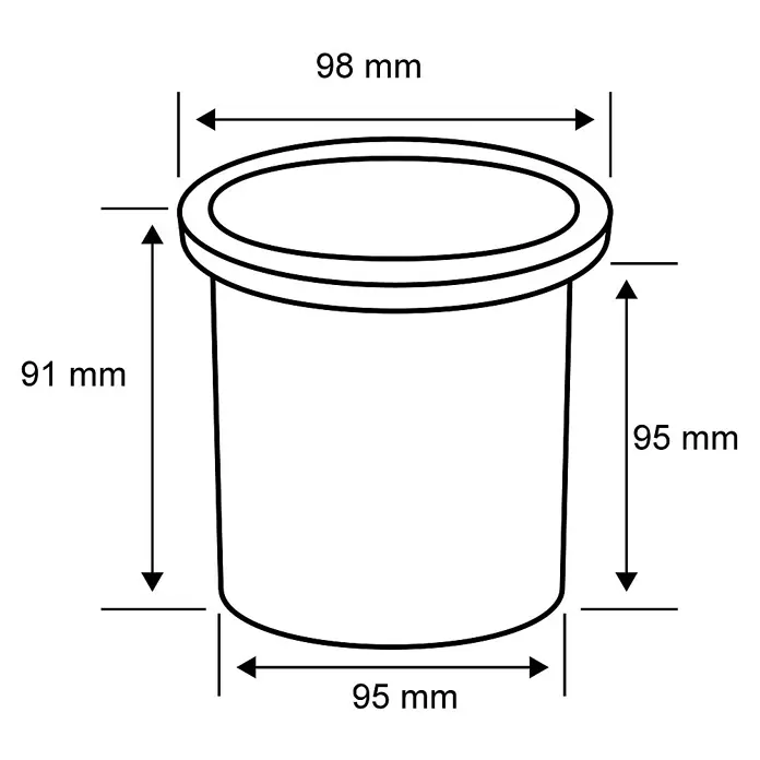 Paulmann Plug & Shine Bodeneinbauleuchte - 3,6 W, Warmweiß, IP65, Rund - Abbildung eines zylindrischen Behälters mit den Maßen 98 mm Durchmesser oben, 95 mm Durchmesser unten und 91 mm Höhe.