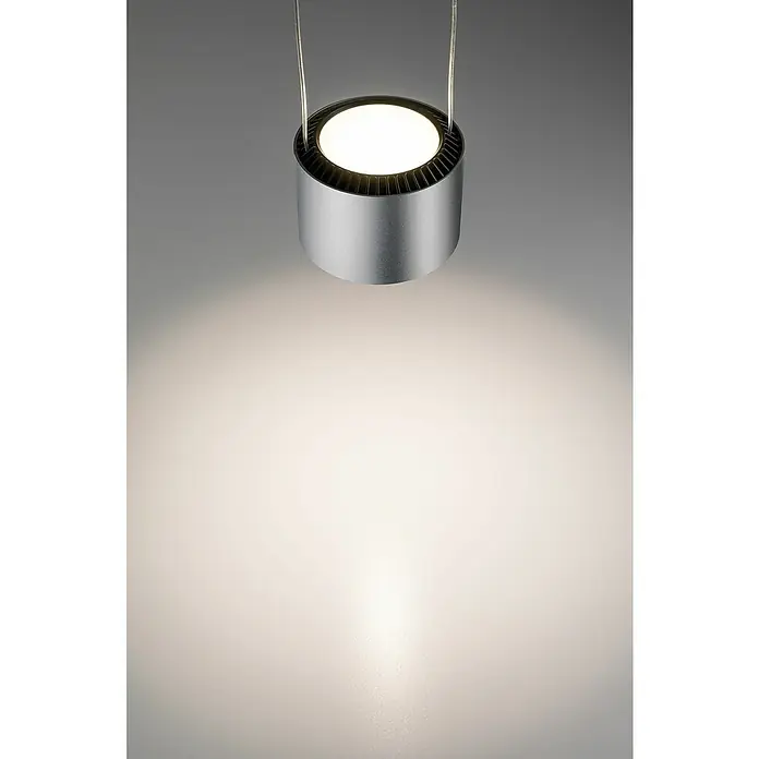 Paulmann URail Lámpara colgante LED Aldan - 16 W, Cromado mate, Altura: 8,5 cm, Intensidad regulable - Primer plano de una lámpara colgante cilíndrica de metal moderna que proyecta una luz brillante hacia abajo. El diseño de la lámpara es elegante y minimalista.