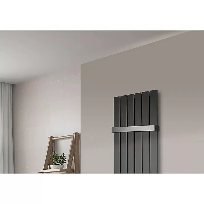 Szagato Designheizkörper Peking - B x H: 470 x 1.200 mm, Wärmeleistung bei Vorlauftemperatur von 75 °C (D: 50): 799 W, Moonstone-Grau, Mit 1 Handtuchhalter (50 mm) - Detailaufnahme