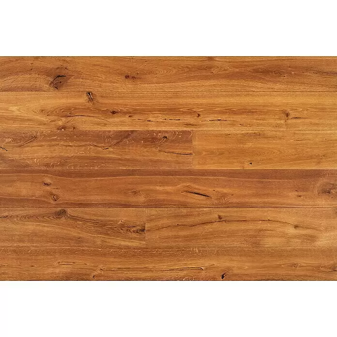 Parkett - Eiche Byzanz, Landhausdiele, 1.900 x 190 x 14 mm - Naturholzfußboden mit warmen rotbraunen Dielen, ausgeprägter Maserung und dunklen Ästen.