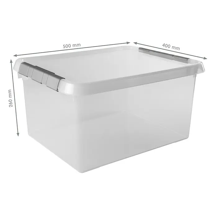 Sunware Aufbewahrungsbox-Set Comfortline 4er Set - L x B x H: 400 x 500 x 260 mm, Transparent - Bild einer transparenten Aufbewahrungsbox aus Kunststoff mit grauen Verschlüssen und Maßangaben.