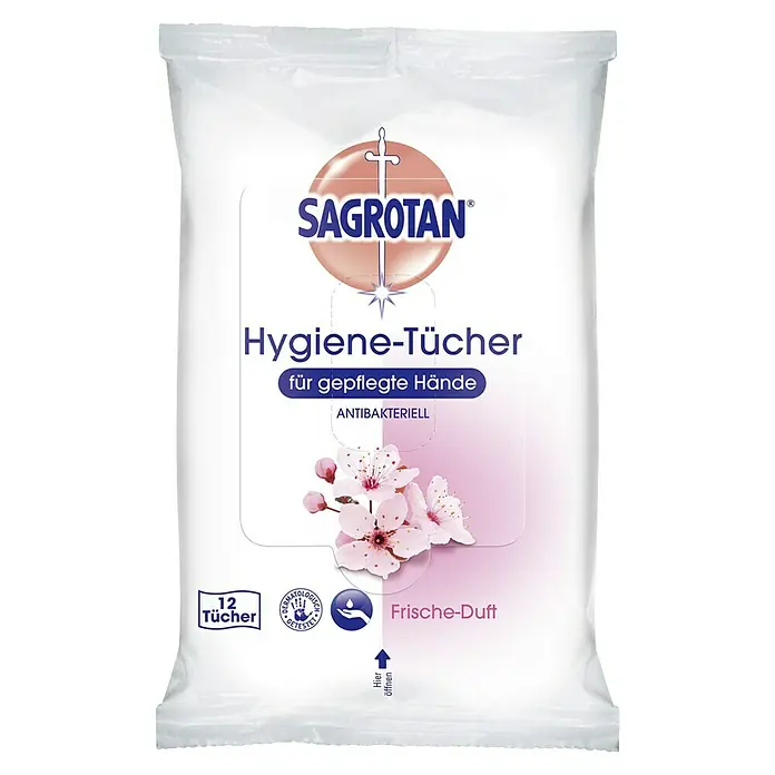 Sagrotan Reinigungstücher für Hände - 12 Stk. - Sagrotan Hygiene-Tücher für gepflegte Hände, antibakteriell und mit frischem Duft. Die Packung enthält 12 Tücher für die Handreinigung.