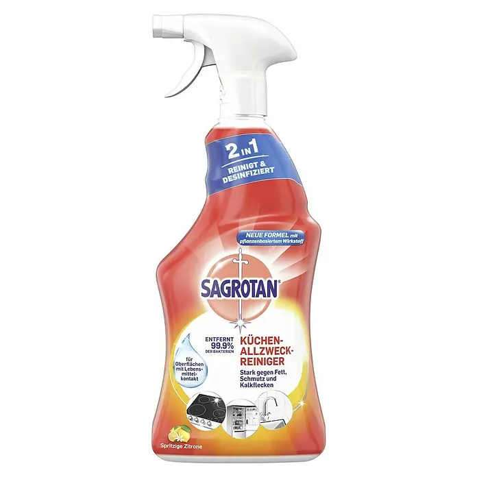 Sagrotan Küchenreiniger - 750 ml, Sprühflasche - Eine Flasche Sagrotan 2in1 Küchen-Allzweck-Reiniger mit Zitronenduft, die 99,9% der Bakterien entfernt und für Oberflächen mit Lebensmittelkontakt geeignet ist.