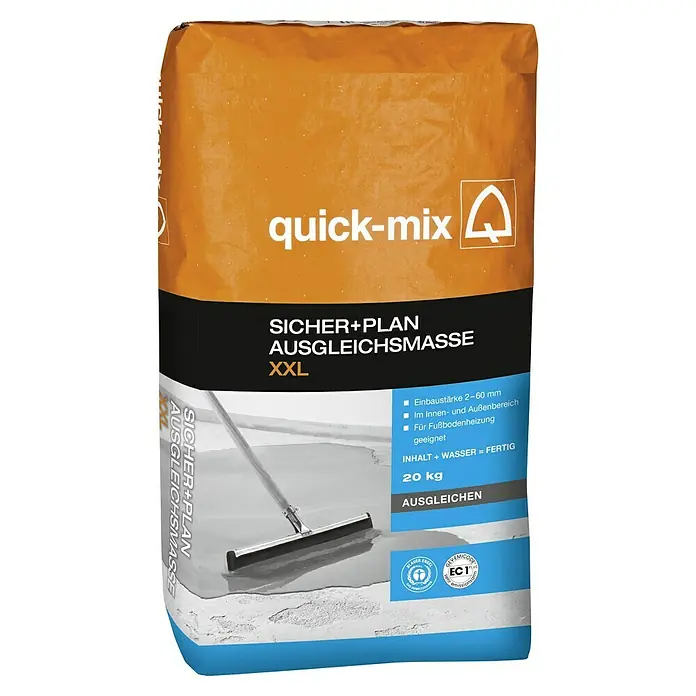 Quick-Mix Ausgleichsmasse Sicher+Plan XXL - 20 kg, Schichtdicke: 2 mm - 60 mm - Abbildung einer Packung Quick-Mix Sicher+Plan Ausgleichsmasse XXL, einer Bodenausgleichsmasse für den Innen- und Außenbereich, 20 kg.