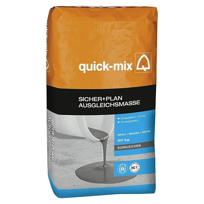 Quick-Mix Ausgleichsmasse Sicher+Plan - 20 kg, Schichtdicke: 1 mm - 10 mm - Bild eines Sackes Quick-Mix Sicher+Plan Ausgleichsmasse. Die Ausgleichsmasse ist für den Innenbereich geeignet und hat eine Einbaustärke von 2-10 mm.