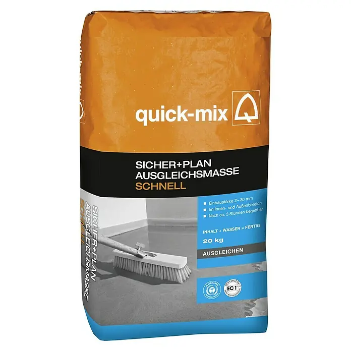 Quick-Mix Ausgleichsmasse Schnell - 20 kg, Schichtdicke: 2 mm - 30 mm - Bild einer Packung Quick-Mix Sicher+Plan Ausgleichsmasse, einer schnellhärtenden Nivelliermasse für den Innen- und Außenbereich.