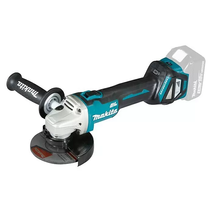 Makita LXT 18V Amoladora angular de batería DGA511 - Sin batería, Diámetro disco: 125 mm - Amoladora angular inalámbrica Makita en negro y turquesa con mango lateral y disco de corte.