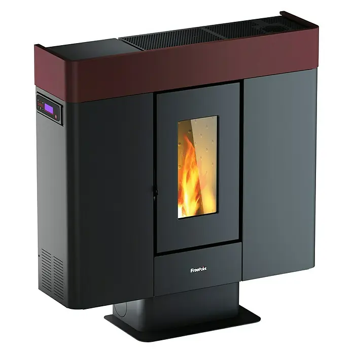 FreePoint Pelletofen Moon Airtight3 kW - 10 kW, Raumheizvermögen: 240 m³, Schwarz/Bordeaux - Eine moderne FreePoint-Pelletofen-Heizung mit stilvollem Design und Sichtfenster für das Flammenspiel.
