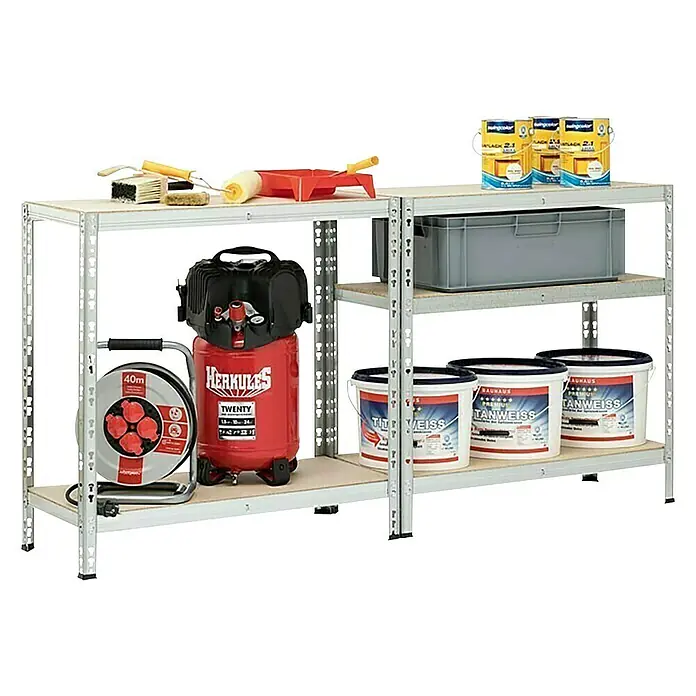 Regalux Estantería metálica - Al x An x Pr: 180 x 90 x 40 cm, Capacidad de carga por balda: 200 kg, Número de baldas: 5 ud., Inserción, Galvanizado - Imagen de una estantería metálica con herramientas, latas de pintura, un compresor y un carrete de cable, ideal para taller o garaje.