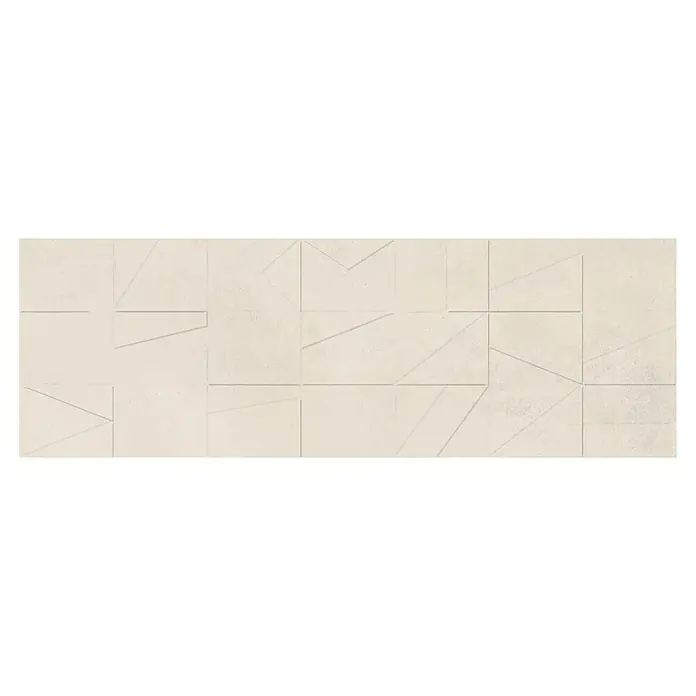 Revestimiento de pared Madox City - 90 x 30 cm, Blanco, Mate, Rectificado - Primer plano de azulejos de pared blancos con un patrón geométrico abstracto. Una decoración de pared elegante para interiores modernos.