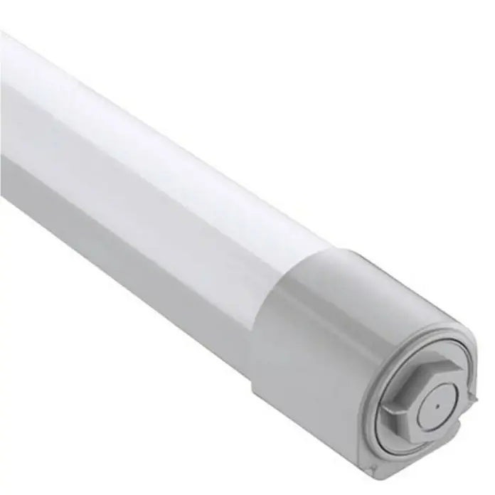E2 elektro LED-Feuchtraumlichtleiste - L x B x H: 135 x 6 x 6 cm, Lichtfarbe: Kaltweiß, 36 W, IP65 - Nahaufnahme einer LED-Röhre mit grauem Endstück. Eine moderne und energieeffiziente Beleuchtungslösung für verschiedene Anwendungen.