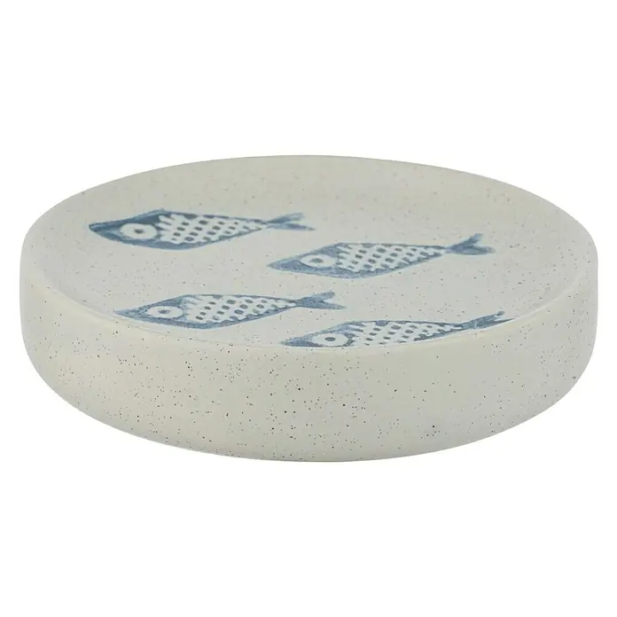 Wenko Seifenschale Aquamarin - Keramik, Beige - Runde Seifenschale mit Fischmuster. Die Seifenschale ist in einem hellen Farbton gehalten und mit blauen Fischen verziert.