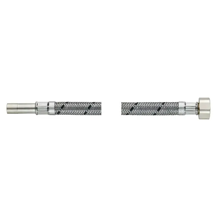 Flexo Verlängerungsschlauch - ⅜″, Länge: 50 cm, Rohrstutzen 10 mm - Ein silberfarbener, geflochtener Zulaufschlauch mit Anschlüssen an beiden Enden, ideal für Sanitäranwendungen.