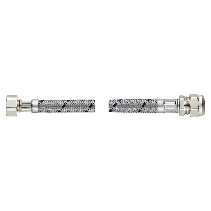 Flexo Verlängerungsschlauch - ⅜″, Länge: 30 cm, Quetschverschraubung 10 mm - Ein flexibles Wasseranschlussschlauch mit Stahlgeflecht und verchromten Anschlüssen für Sanitäranwendungen.