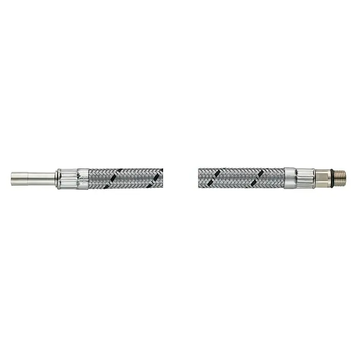 Flexo Anschlussschlauch - Rohrstutzen 8 mm, M 10, Länge: 50 cm - Abgebildet ist ein flexibles, geflochtenes Sanitärschlauch-Set mit metallischen Endstücken für den Anschluss an Sanitäranlagen.