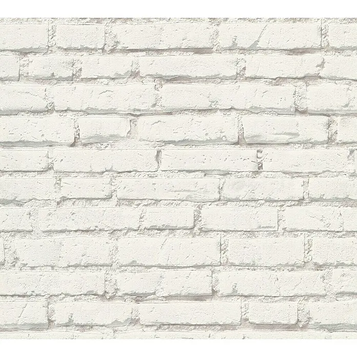 A.S. Création Elements Vliestapete - Weiß/Grau, Steinoptik, 10,05 x 0,53 m - Nahaufnahme einer weißen Backsteinmauer mit rustikalem Charme. Die Textur der Steine und Fugen verleiht Tiefe und Charakter.