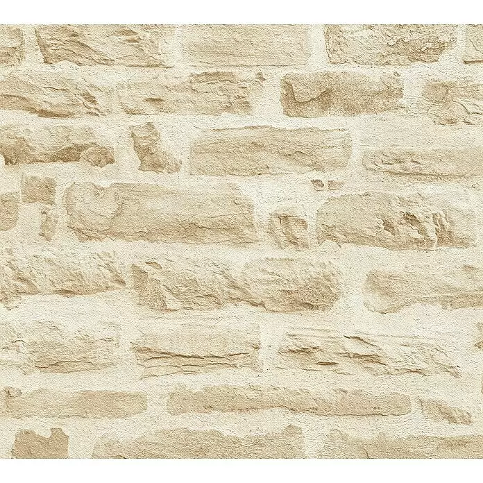 A.S. Création Elements Vliestapete Steine I - Beige, Steinoptik, 10,05 x 0,53 m - Strukturierte beige Steinwand, cremefarbene Ziegeloptik.