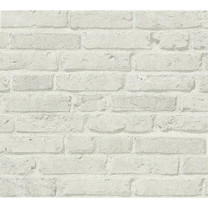 A.S. Création Elements Vliestapete Backsteinmauer II - Hellgrau, Steinoptik, 10,05 x 0,53 m - Nahaufnahme einer Wand mit weißen Ziegelsteinen, die eine rustikale und moderne Textur für Innenarchitektur bieten.