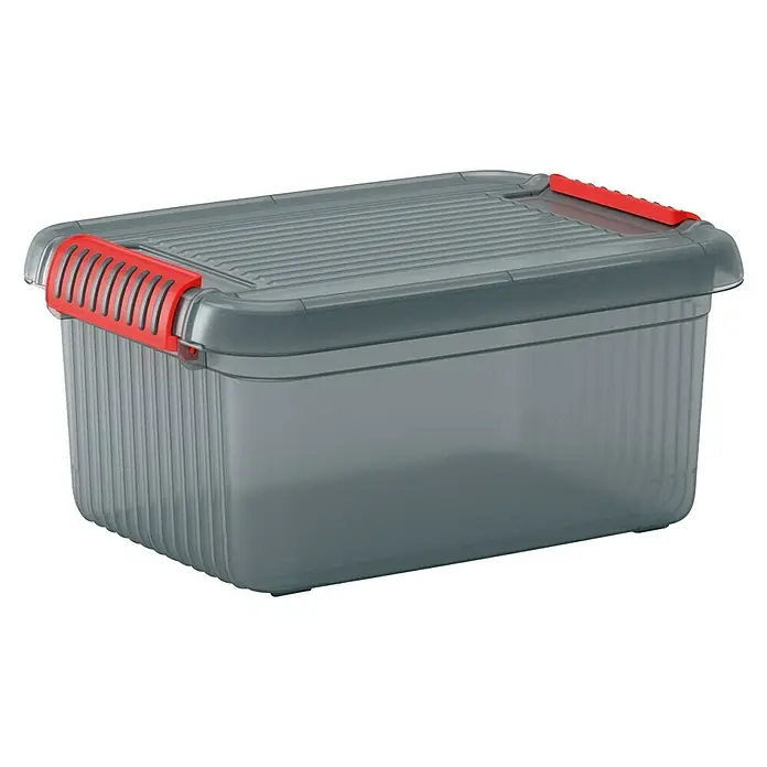 KIS Aufbewahrungsbox K LATCH - L x B x H: 39 x 29 x 18 cm, Grau - Abgebildete graue Aufbewahrungsbox mit rotem Verschluss. Sie dient zur praktischen und übersichtlichen Lagerung von Gegenständen.