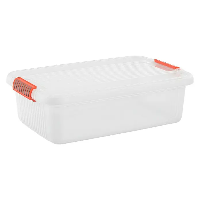 KIS Aufbewahrungsbox K LATCH - L x B x H: 59 x 39 x 18 cm, Transparent - Ein durchsichtiger, rechteckiger Aufbewahrungsbehälter aus Kunststoff mit einem weißen Deckel und orangefarbenen Griffen für Lagerzwecke.