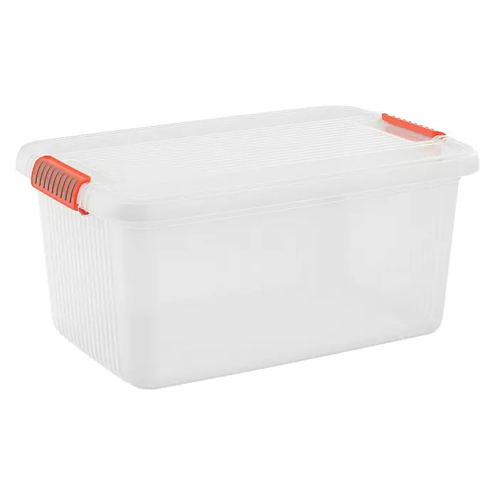 KIS Aufbewahrungsbox K LATCH - L x B x H: 59 x 39 x 28 cm, Transparent - Transparente Aufbewahrungsbox mit orangefarbenen Verschlüssen zum einfachen und sicheren Verschließen und für Ordnung im Haushalt.