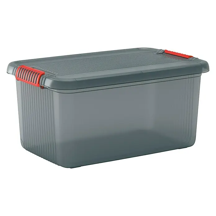 KIS Aufbewahrungsbox K LATCH - L x B x H: 59 x 39 x 28 cm, Transparent - Ein grauer Aufbewahrungsbehälter aus Kunststoff mit rotem Verschluss zum Verstauen verschiedener Gegenstände im Haushalt.