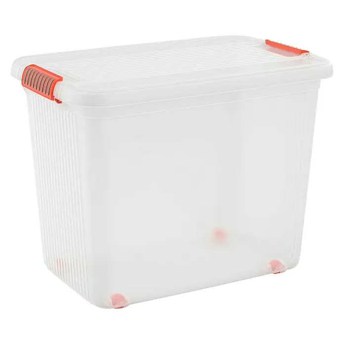 KIS Aufbewahrungsbox K LATCH - L x B x H: 59 x 39 x 45 cm, Transparent - Auf dem Bild ist eine durchsichtige Kunststoff-Aufbewahrungsbox mit orangefarbenen Griffen und Füßen abgebildet. Praktisch für die Organisation.