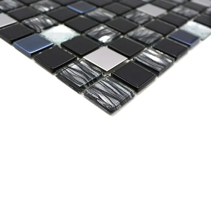 Selbstklebemosaik SAM 4CM26 - 30 x 30 cm, Mix Schwarz, Glänzend - Quadratische Glasmosaikfliesen in Schwarz, Silber und Blau. Ideal für Küche, Bad oder als Dekoration. Elegantes Design für jeden Raum.