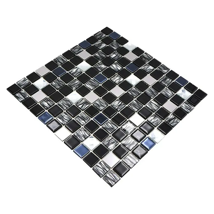 Selbstklebemosaik SAM 4CM26 - 30 x 30 cm, Mix Schwarz, Glänzend - Mosaikfliese in Schwarz-, Silber- und Blautönen. Quadratische Fliesen mit unterschiedlichen Texturen bilden ein attraktives Muster.
