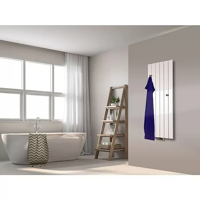 Szagato Designheizkörper Peking - B x H: 470 x 1.200 mm, Wärmeleistung bei Vorlauftemperatur von 75 °C (D: 50): 799 W, Weiß, 2 Knopfhalter - Stimmungsaufnahme