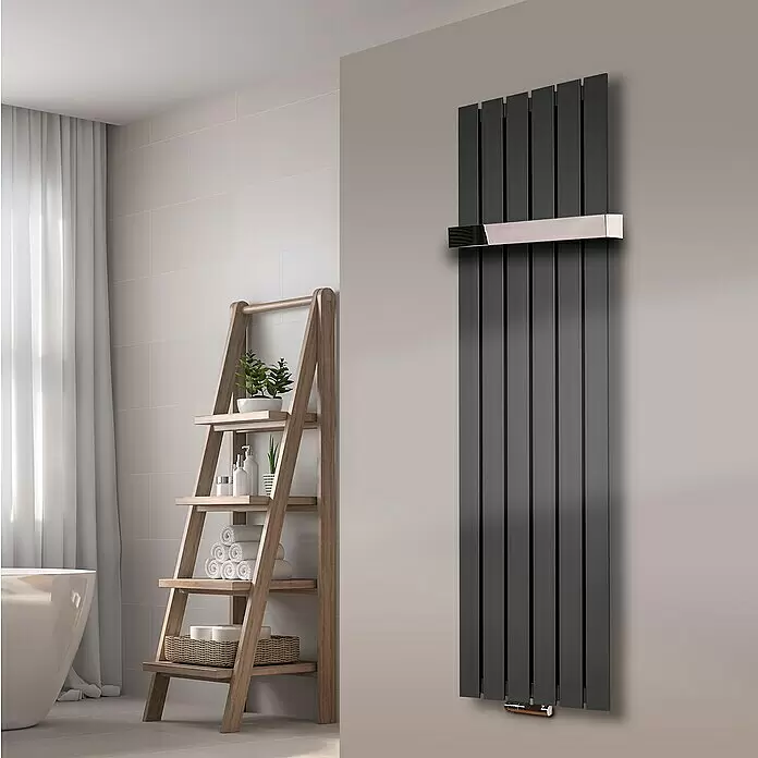 Szagato Designheizkörper Peking - B x H: 470 x 1.800 mm, Moonstone-Grau, 1 Handtuchhalter (50 mm) glänzend - Stimmungsaufnahme