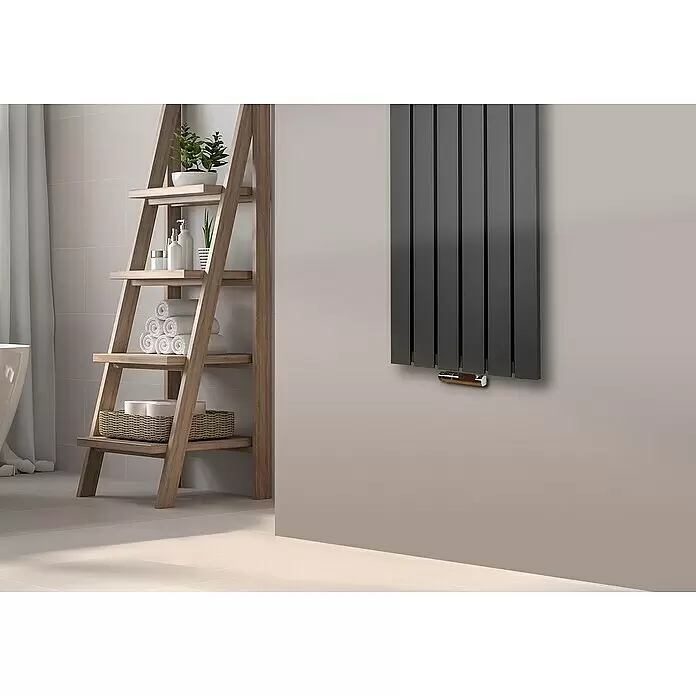 Szagato Designheizkörper Peking - B x H: 470 x 1.200 mm, Wärmeleistung bei Vorlauftemperatur von 75 °C (D: 50): 799 W, Moonstone-Grau, 1 Handtuchhalter (50 mm) glänzend - Detailaufnahme