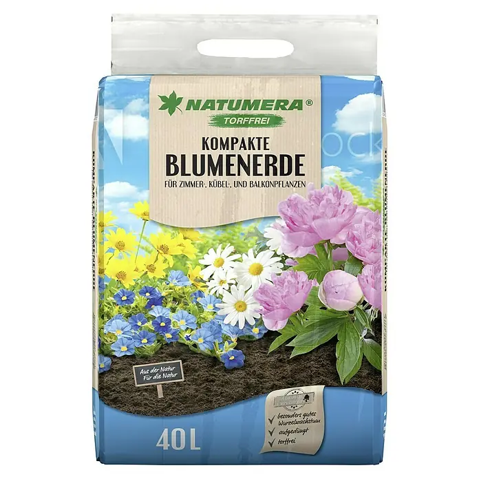Natumera Blumenerde Kompakt - 40 l - Kompakte Blumenerde von Natumera, torffrei für Zimmer-, Kübel- und Balkonpflanzen, mit Blumenmuster und 40L Füllmenge.