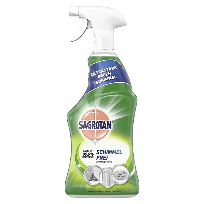 Sagrotan Schimmelspray Schimmel-Frei - 750 ml, Sprühflasche - Bild einer Flasche Sagrotan Anti-Schimmel-Reiniger. Der Reiniger ist in einer grünen Plastikflasche mit weißem Sprühkopf verpackt und entfernt 99,9 % der Bakterien.