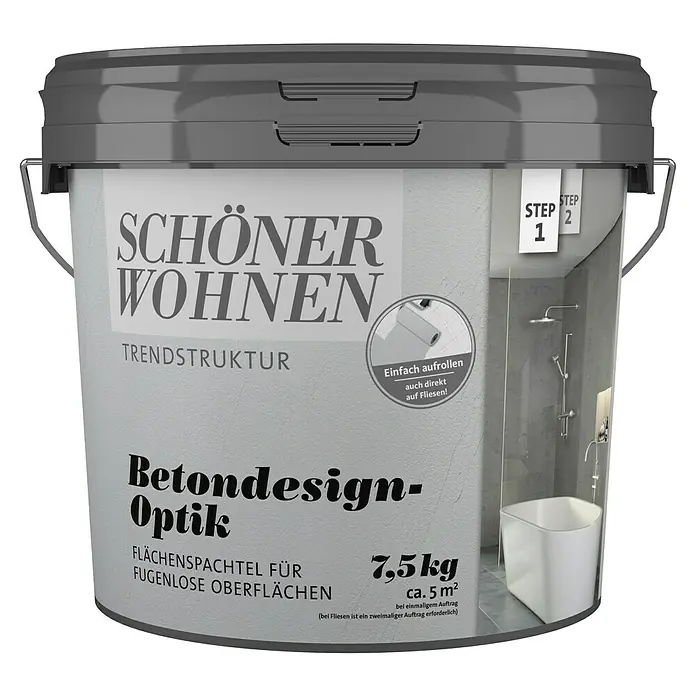 SCHÖNER WOHNEN-Farbe Betondesign-Optik Dekoputz Flächenspachtel für fugenlose Oberflächen - Grau, 7,5 kg - Schöner Wohnen Trendstruktur Betondesign-Optik Flächenspachtel für fugenlose Oberflächen, 7,5 kg.