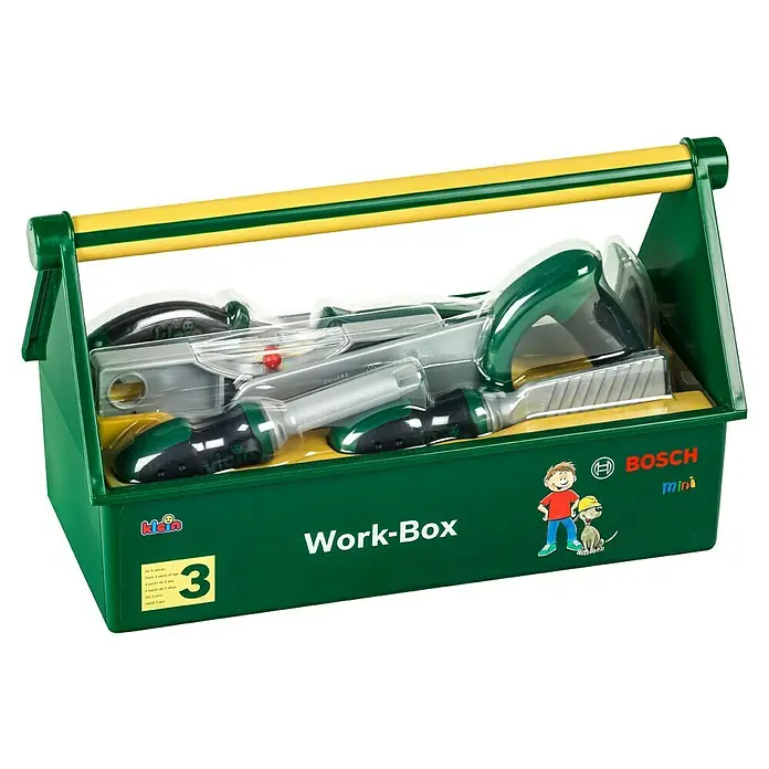 Klein Bosch Kinder-Werkbank - L x B x H: 30,25 x 14 x 17,25 cm - Spielzeug-Werkzeugkasten von Bosch Mini mit grünem Kasten und gelbem Griff, gefüllt mit Werkzeugspielzeug für Kinder ab 3 Jahren.