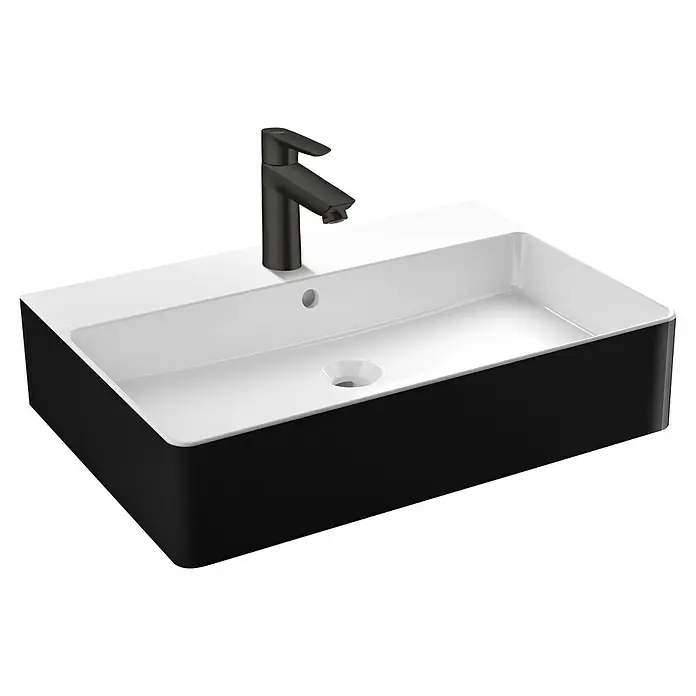Camargue Waschtisch Miami Twice - 60,5 x 42 cm, Ohne Spezialglasur, Hahnloch: Mitte, Mit Überlauf, Schwarz - Nahaufnahme eines modernen Aufsatzwaschbeckens in Schwarz und Weiß mit einer eleganten Armatur.