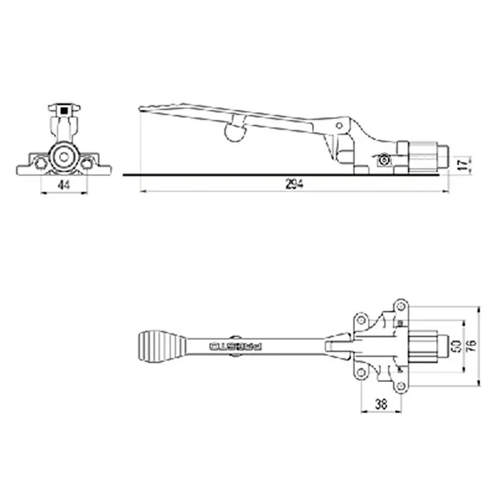 Grifo de descarga de pedal Suelo 570 - Latón - Imagen de un abridor de puerta con dimensiones de 44, 294 y 17 mm, más 38, 50 y 76 mm que indican necesidades precisas de montaje.