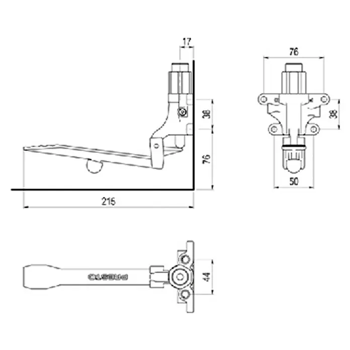 Grifo de descarga de pedal Mural 570 - Latón - Diagrama de un dispensador de papel higiénico que muestra las dimensiones.