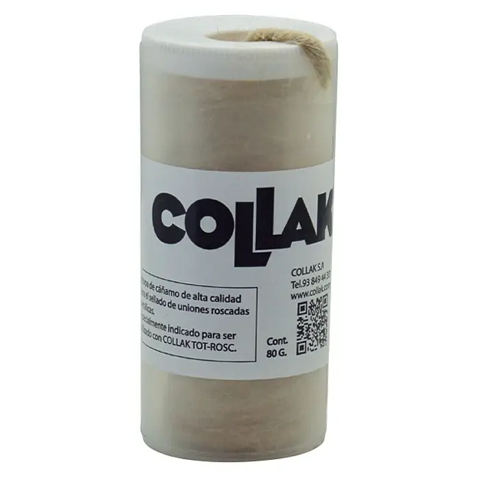 Collak Cáñamo de sellado en bote - 80 g - Imagen de un rollo de cáñamo COLLAK, un sellador de alta calidad para conexiones roscadas, con un peso de 80g.