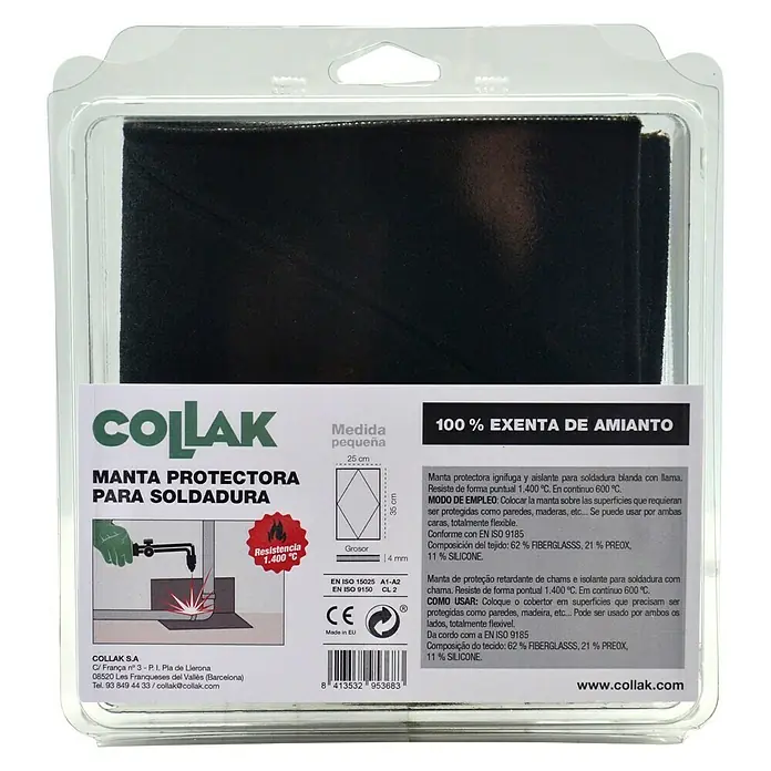 Collak Manta ignífuga para soldadura - L x An: 25 x 35 cm - Imagen de una manta protectora de soldadura Collak, resistente al calor hasta 1400°C, en embalaje transparente.