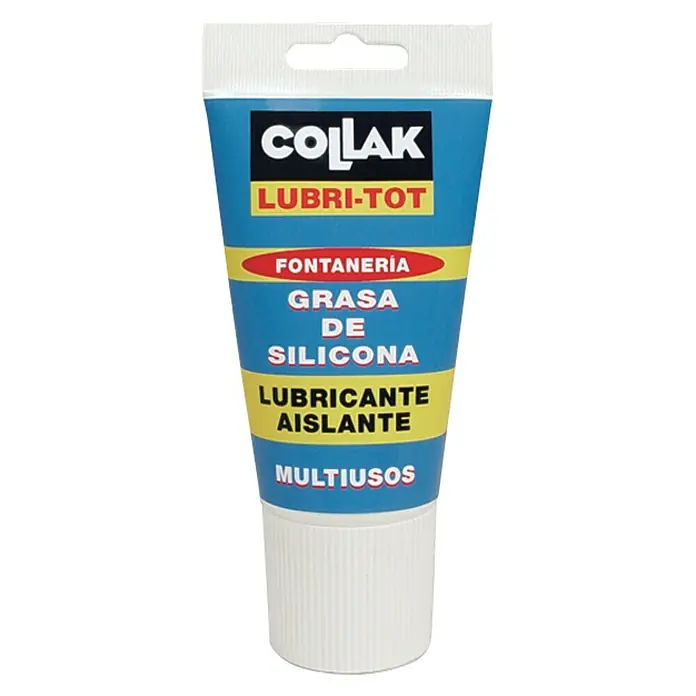 Collak Lubricante aislante Lubri-Tot - 135 ml - Imagen de una grasa de silicona COLLAK Lubri-Tot, ideal para aplicaciones de fontanería, lubricante y aislante, versátil en envase azul.