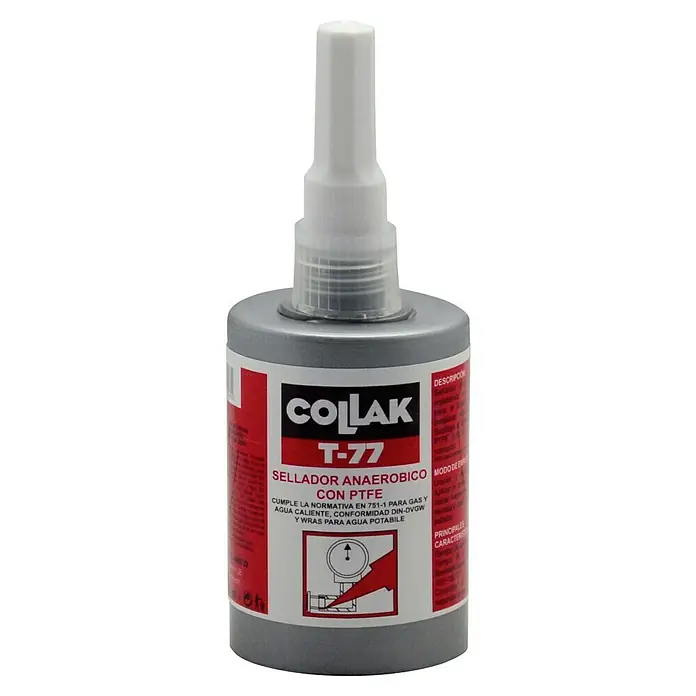 Collak Sellador de juntas T-77 anaeróbico con PTFE - 50 ml - Sellador anaeróbico COLLAK T-77 con PTFE, asegura conexiones herméticas en instalaciones de gas y agua caliente. Cumple agua potable.